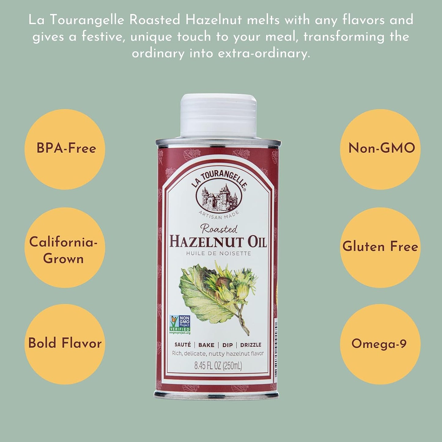 La Tourangelle Roasted Hazelnut Oil, High-Oleic Oil Great for Baking, Stir-Frying, and Vinaigrettes, 16.9 Fl Oz