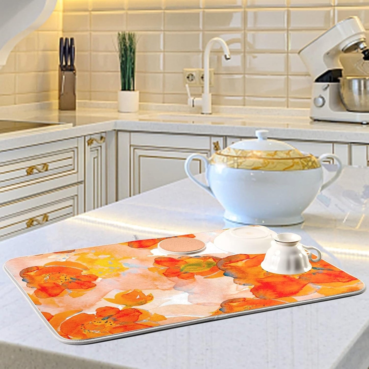 Dish Drying Mat for Kitchen Counter 18 x 16 Inch Corn Poppy Orange Flower Microfiber Dish Mat Drying Pad Absorbent Dishes Pad Dish Drainer Rack Mats