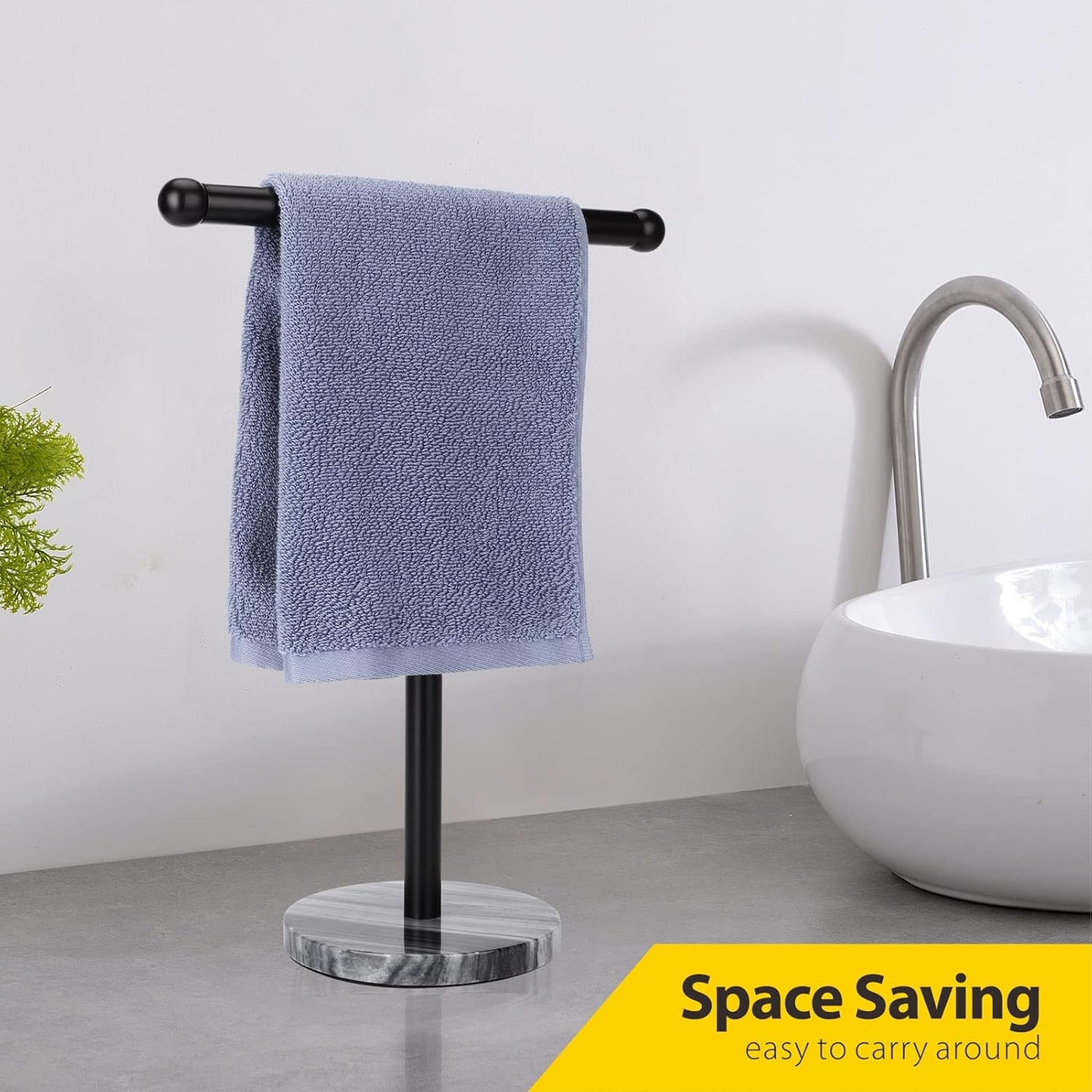 Black Hand Towel Holder Stand with Heavy Marble Base, T-Shape Towel Rack, Free-Standing for Bathroom Vanity Countertop, 304 Stainless Steel (Black)