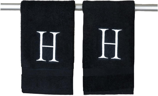 White and Black Monogrammed Hand Towel - Monogram Initial Hotel Quality Decorative Embroidered Luxury Towel for Powder Room, Spa - GOTS Organic Certified - Pack of 2, Letter H