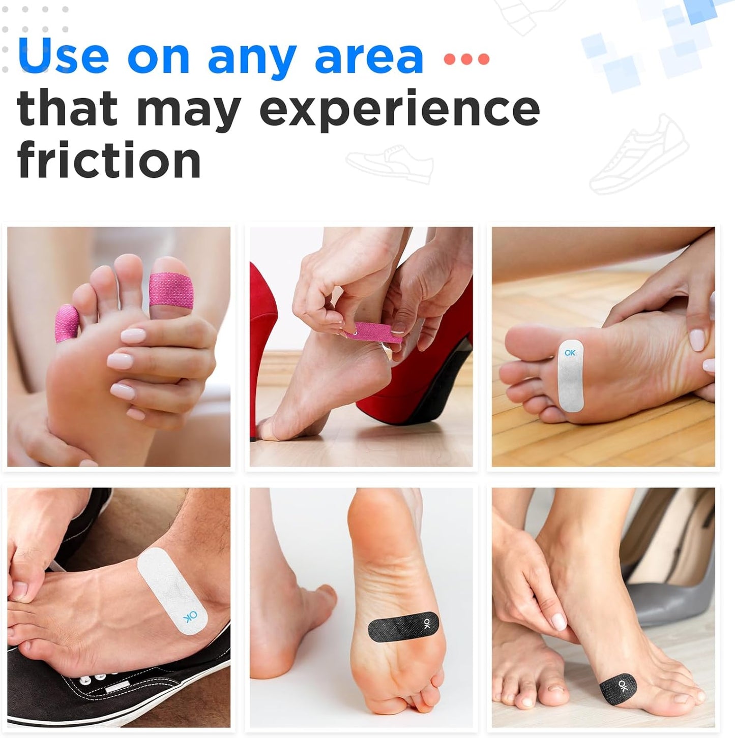 OK TAPE Pre-Cut Blister Bandages for feet | Blister Prevention Tape for Feet, Fingers, Toes | 1.2in x 3.5in,White,100pcs