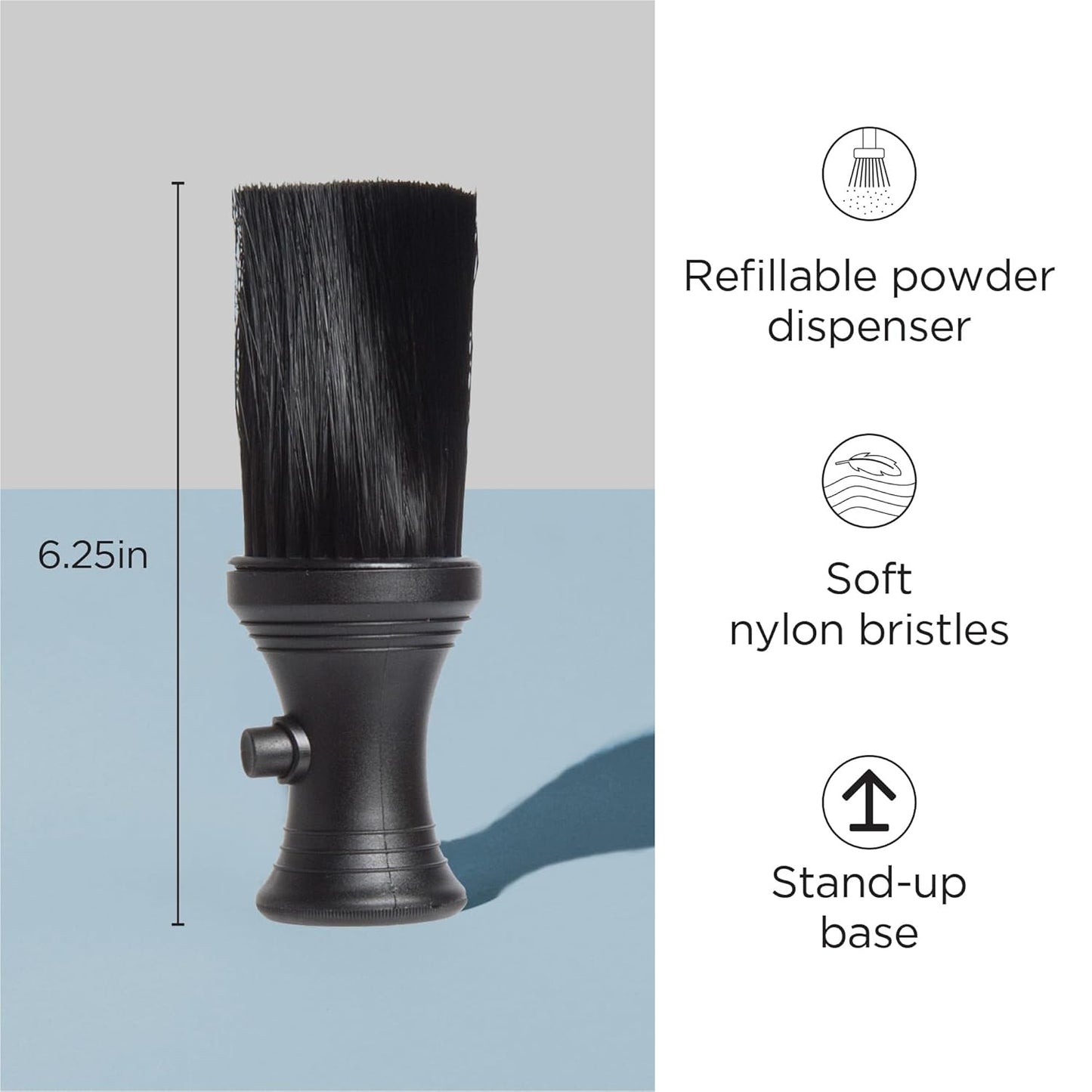 Diane Neck Duster with Powder Dispenser Barber and Salon Brush to Remove Loose Hair from Neckline and Ears, Soft Nylon Bristles, Stand Up Base, 6.25”