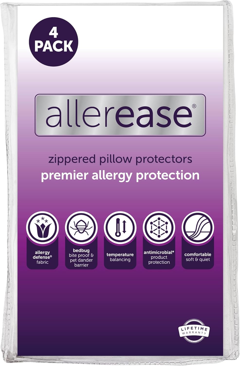 Set of 4 Standard/Queen AllerEase Pillow Protectors - Temperature Balancing, Allergist Recommended - Premium Breathable, Zippered Protectors
