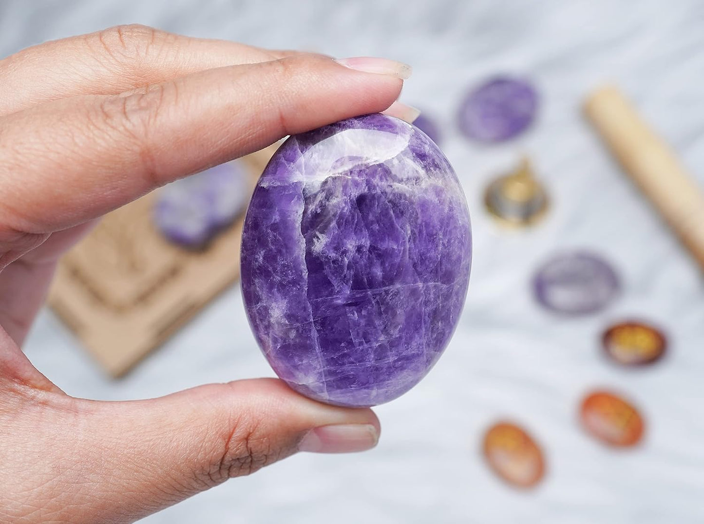 Crocon 50mm Amethyst Large Palm Stone 900+ Carats Pocket Worry Stones for Natural Chakra Balancing Reiki Healing Stones and Crystal Healing Spa Energy Crystals Gifts for Women