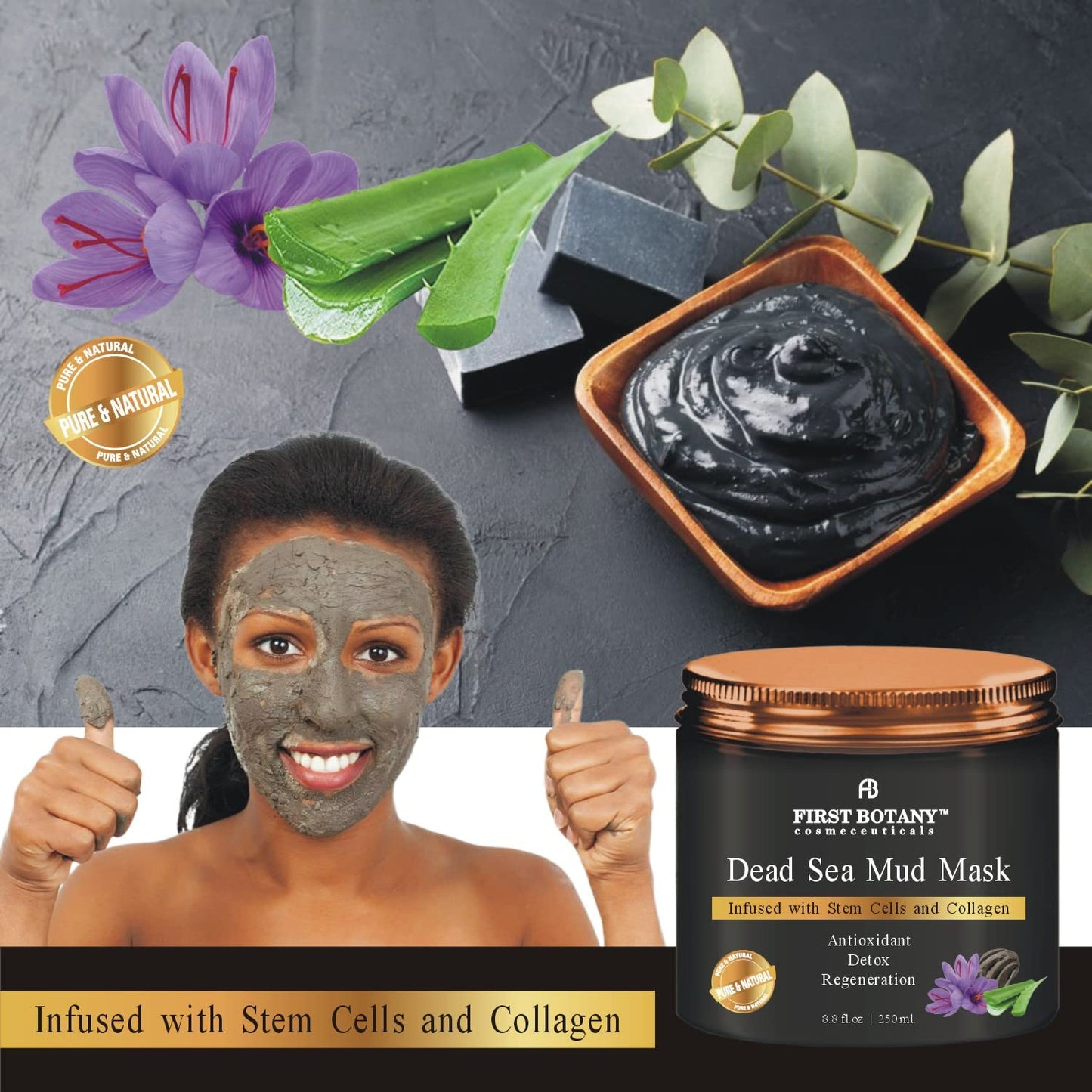 First Botany, 100% Natural Mineral-Infused Dead Sea Mud Mask 8.8oz Stem Cells Facial Treatment Skin Cleanser Pore Reducer Anti Aging Acne Treatment Blackhead Remover Cellulite & Natural Moisturizer