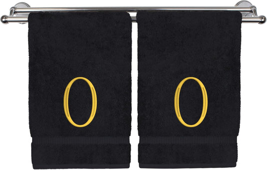 Monogrammed Hand Towel, Personalized Initial Gift, Extra Absorbent 100% Turkish Cotton - Soft Terry Finish - Set of 2 - Gold Block Initial O - Embroidered on Black Towels