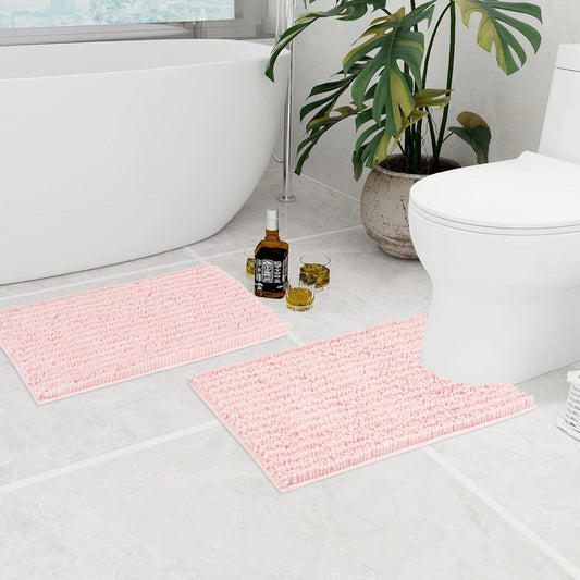 Walensee Bathroom Rug 2 Pieces Set Non Slip Bath Mat (20"x32" Plus 20"x24" U Blush) Water Absorbent Super Soft Shaggy Chenille Machine Washable Dry Extra Thick Perfect Carpet for Shower Floor
