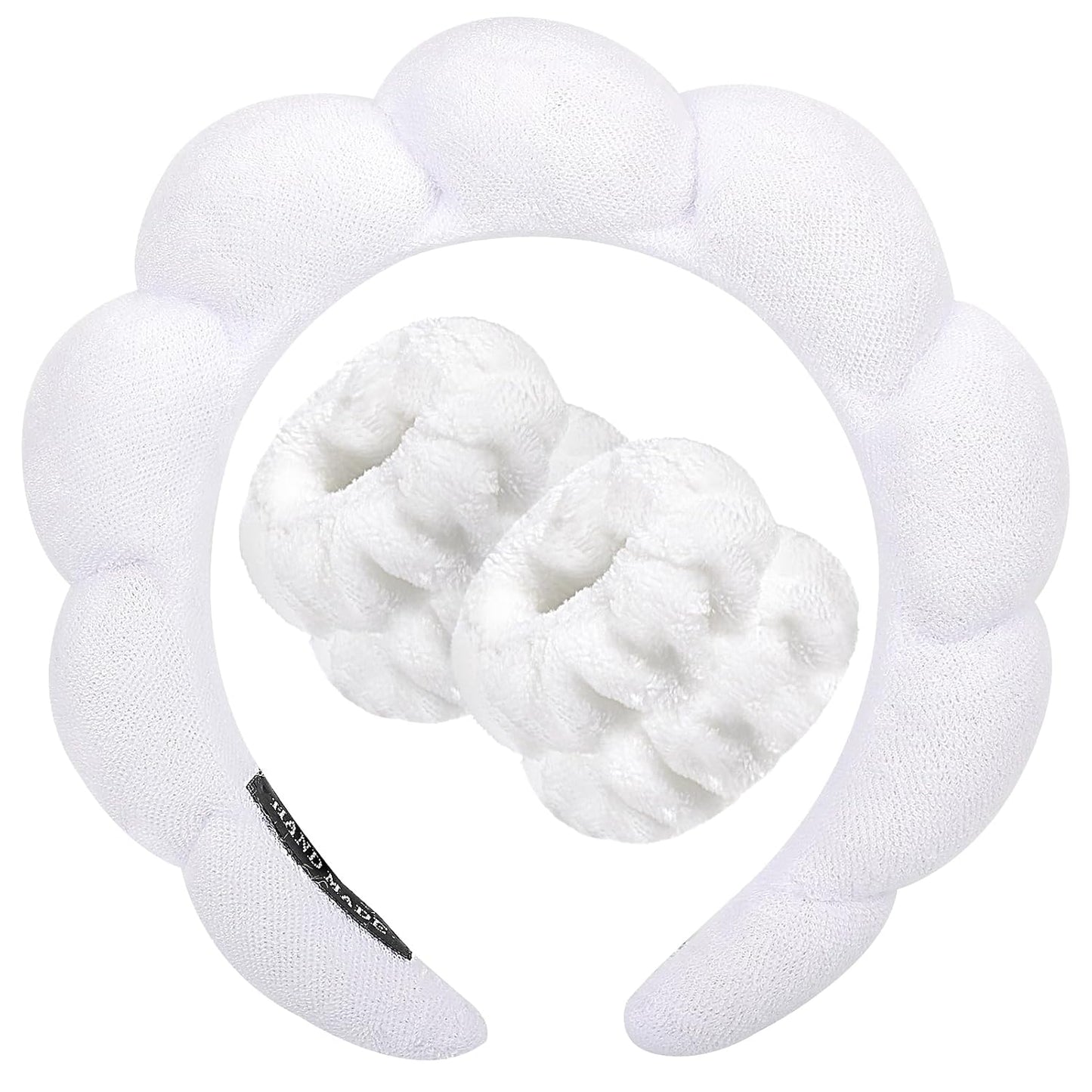 Zkptops Spa Headband for Washing Face Wristband Sponge Makeup Skincare Headband Bubble Soft Terry Cloth Hairband Christmas Birthday Gift for Women Girls Fashion Puffy Non Slip Thick Headwear (White)