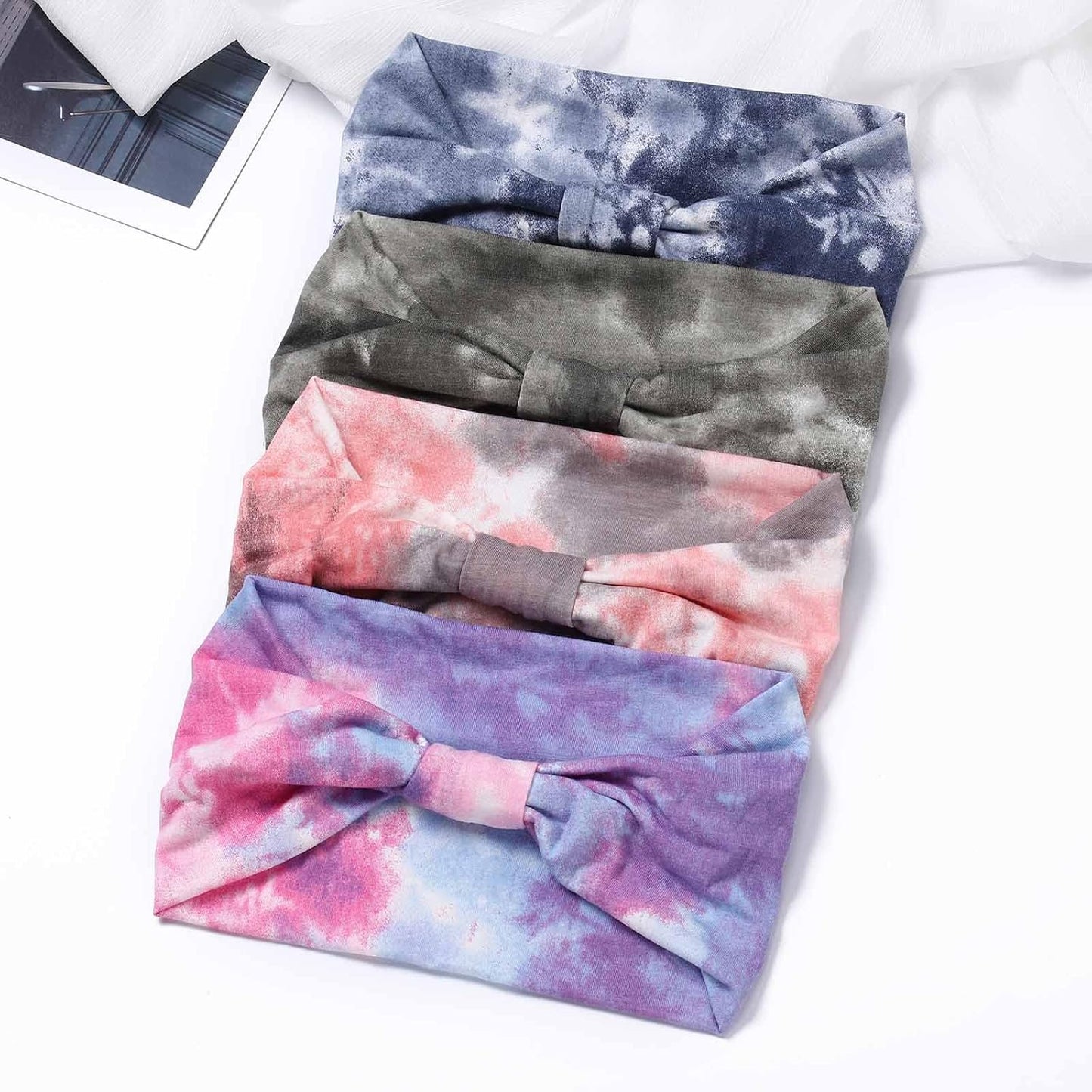 Acenail Wide Headbands Women Knotted Turban Headband Elastic Non Slip Hairbands Tie Dye Yoga Cotton Hair Scarfs Workout Boho Head Wraps Fashion Hair Accessories for Women 4Pcs(Tie Dye A)