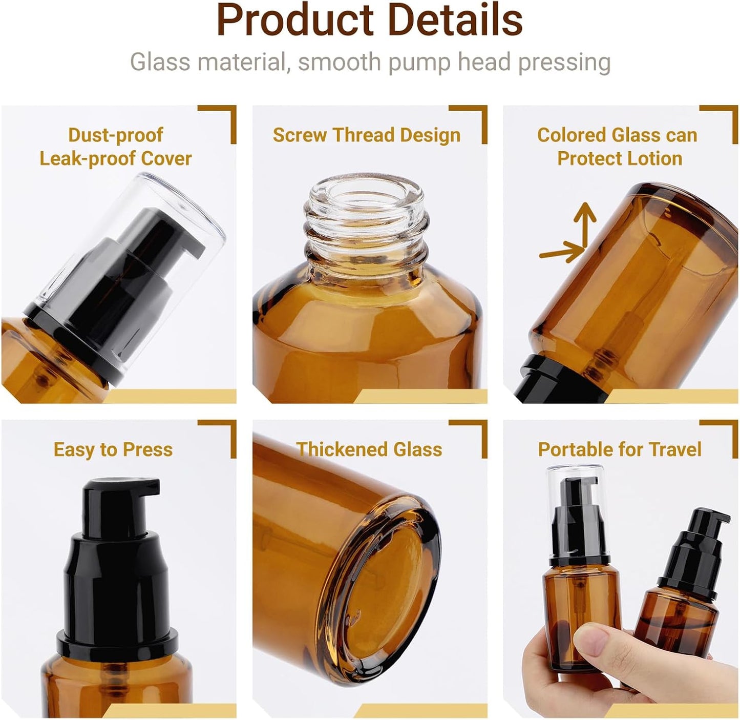 Segbeauty 1oz Frosted Empty Glass Pump Bottle Dispensers, 3 Pack 30ml Travel Size Pump Bottles, Reusable Lotion Container Foundation Bottle for Travel, Refillable Cosmetic Containers for Women Amber