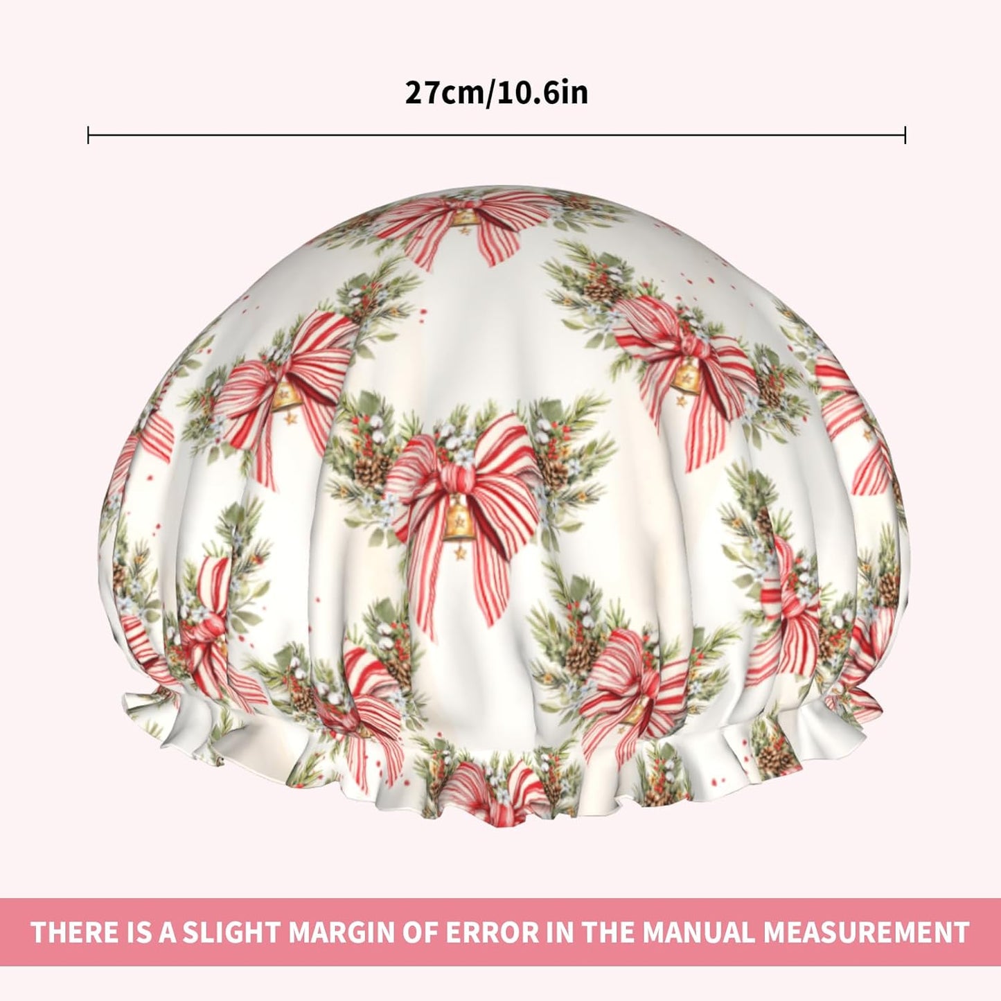 Xmas Shower Caps for Women Reusable Red Striped Bowknot Holly Berry Double Waterproof Layers Bath Hair Hat with Elastic Band Protects Hair in Shower Cooking Clean Makeup