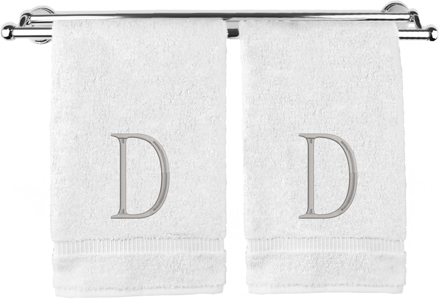 Monogrammed Hand Towel, Personalized Initial Gift, Extra Absorbent 100% Turkish Cotton - Soft Terry Finish - Set of 2 - Silver Block Initial D - Embroidered on White Towels