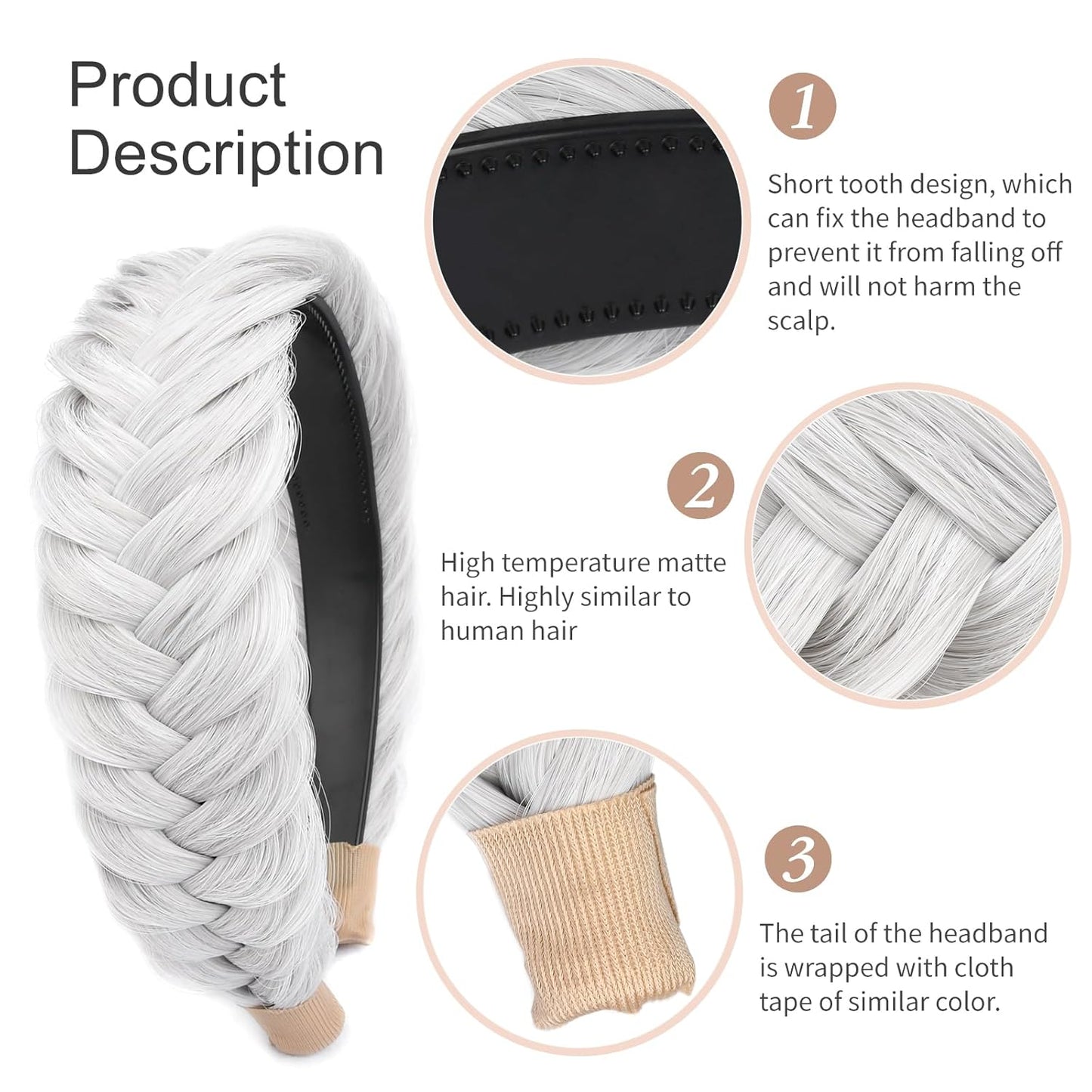 DIGUAN Wide Messy Braided Headband With Teeth Synthetic Hair Plaited Headband High Elasticity Braids Chunky Fishtail Braided Hair Band Hairpiece for Girls Women (White Gray)