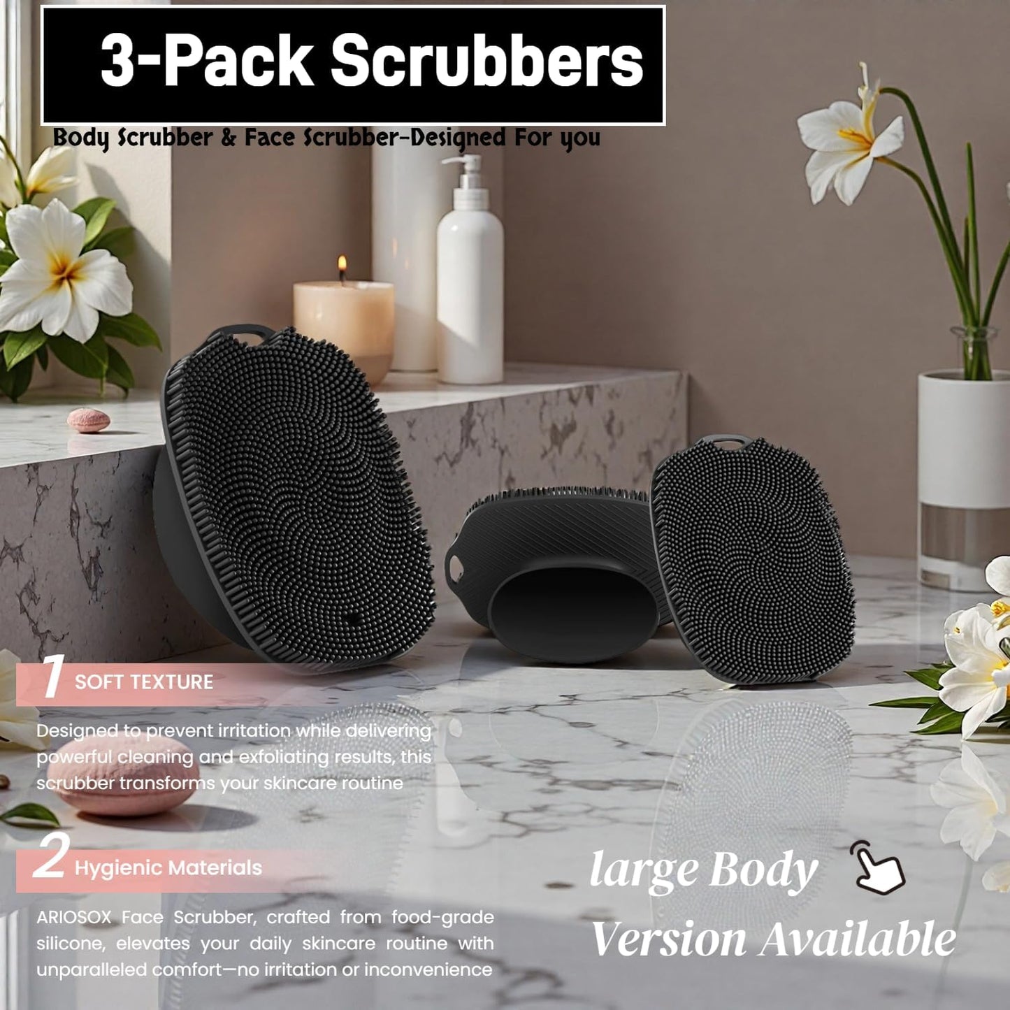 2 PCS Face Scrubber, Soft Silicone Face Exfoliator with Suction Cup for Man and Women Deep Skin Clean (Body Scrubber + Face Scrubber Black)
