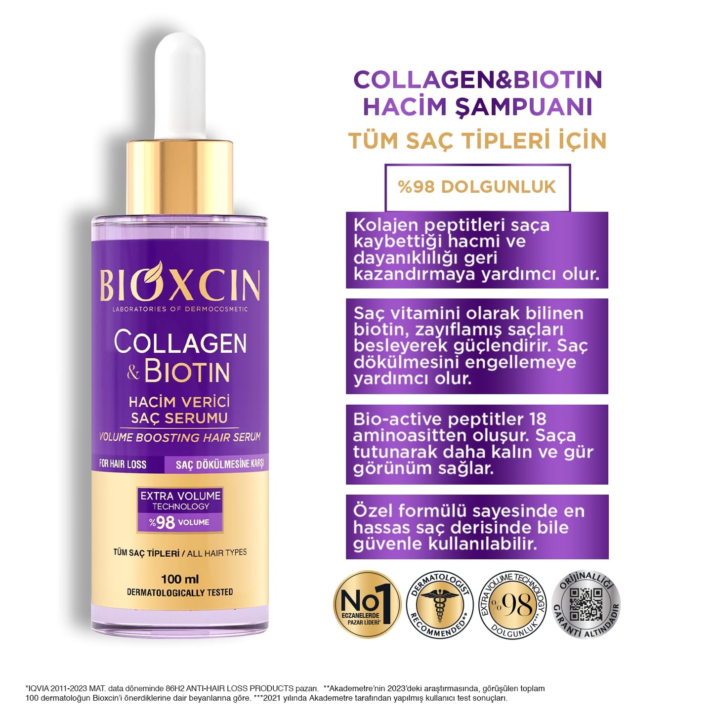 Collagen and Biotin Volumizing Hair Serum Thickening and Strengthening Styling Serum for Thin, Weak and Damaged Hair Nourishing Anti-Hair Loss Formula, Daily Hair Growth and Repair Care 100 ML