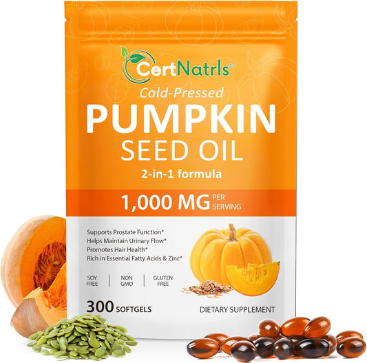 Pumpkin Seed Oil with Saw Palmetto (1000mg per Serving), Cold-Pressed Pumpkin Seed Oil for Hair Growth, Prostate Health, Urinary Tract Support, 300 Softgels Supplement of Essential Fatty Acids