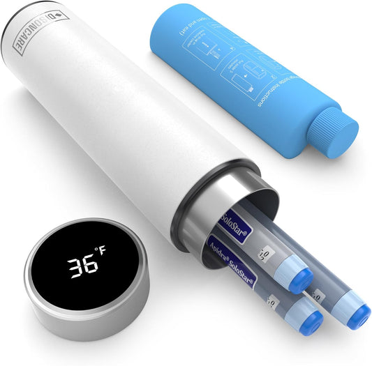 DISONCARE Odyssey 3Pens Insulin Cooler Travel Case Digital Display, Medication Cooler for Travel, TSA Approved Ice PackS, Diabetic Medical Organizer, EpiPen Bag with QR Medical Tag (Polar White)