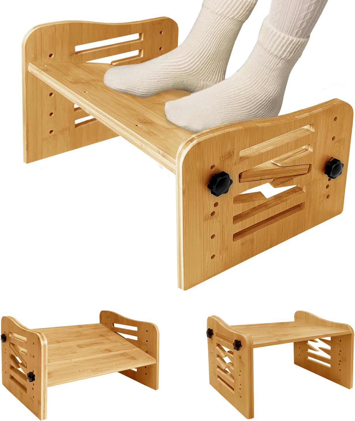 Myplace Bamboo Adjustable Under Desk Footrest, Ergonomic Foot Rest with 7-Level Adjust at Work, Slanted Foot Stool for Home Office Kitchen Bedroom (Burlywood)