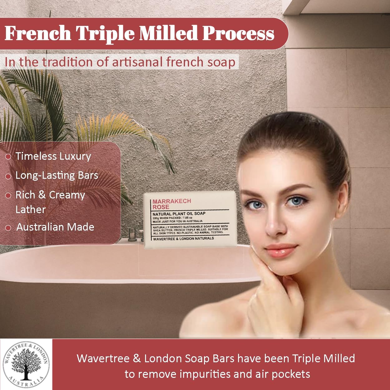 Wavertree & London Marrakech Rose Scented 100% Natural Soap Bar, 7oz Moisturizing French Triple Milled Soap Bar for Women & Men enriched with shea butter - Pure Bath & Body soap bar