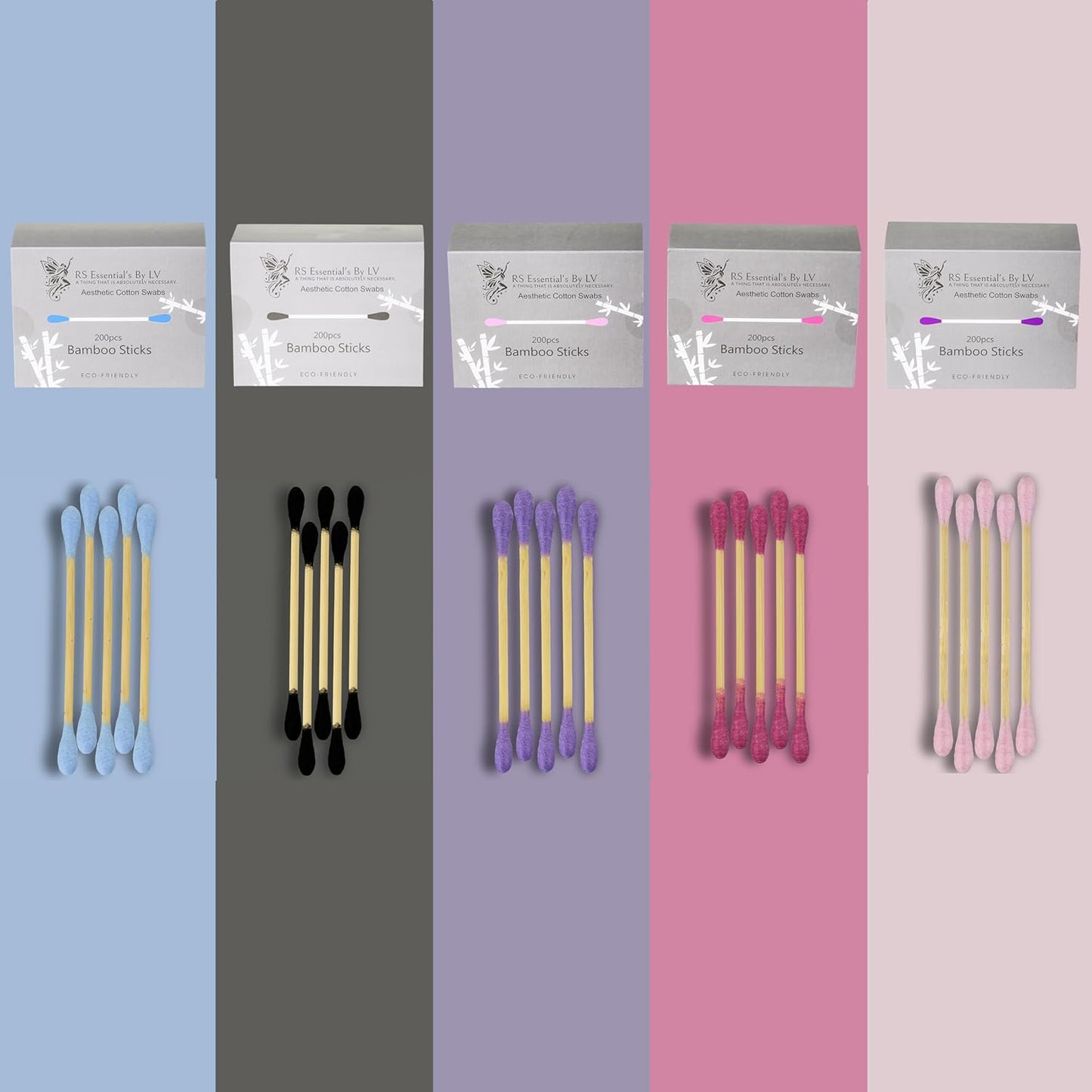 RS ESSENTIAL'S BY LV: Aesthetic Cotton Swabs Sticks Ear Swabs Bamboo swabs 200 Count Cotton Buds In 5 Colorful Colors (Pink)