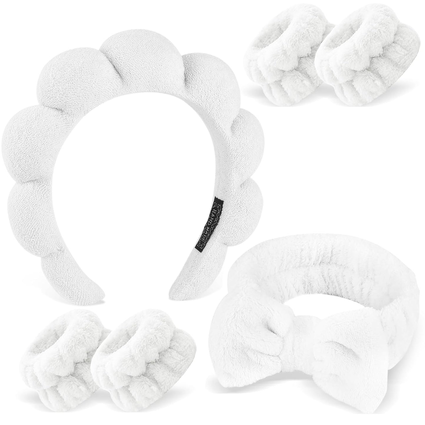 Zkptops 6Pcs Spa Headband for Washing Face Wristbands Set Women Bubble Skincare Makeup Sponge Terry Cloth Padded Puffy Headband Bow Tie Hairband Cute Non Slip Thick Hair Accessory Gifts (White)