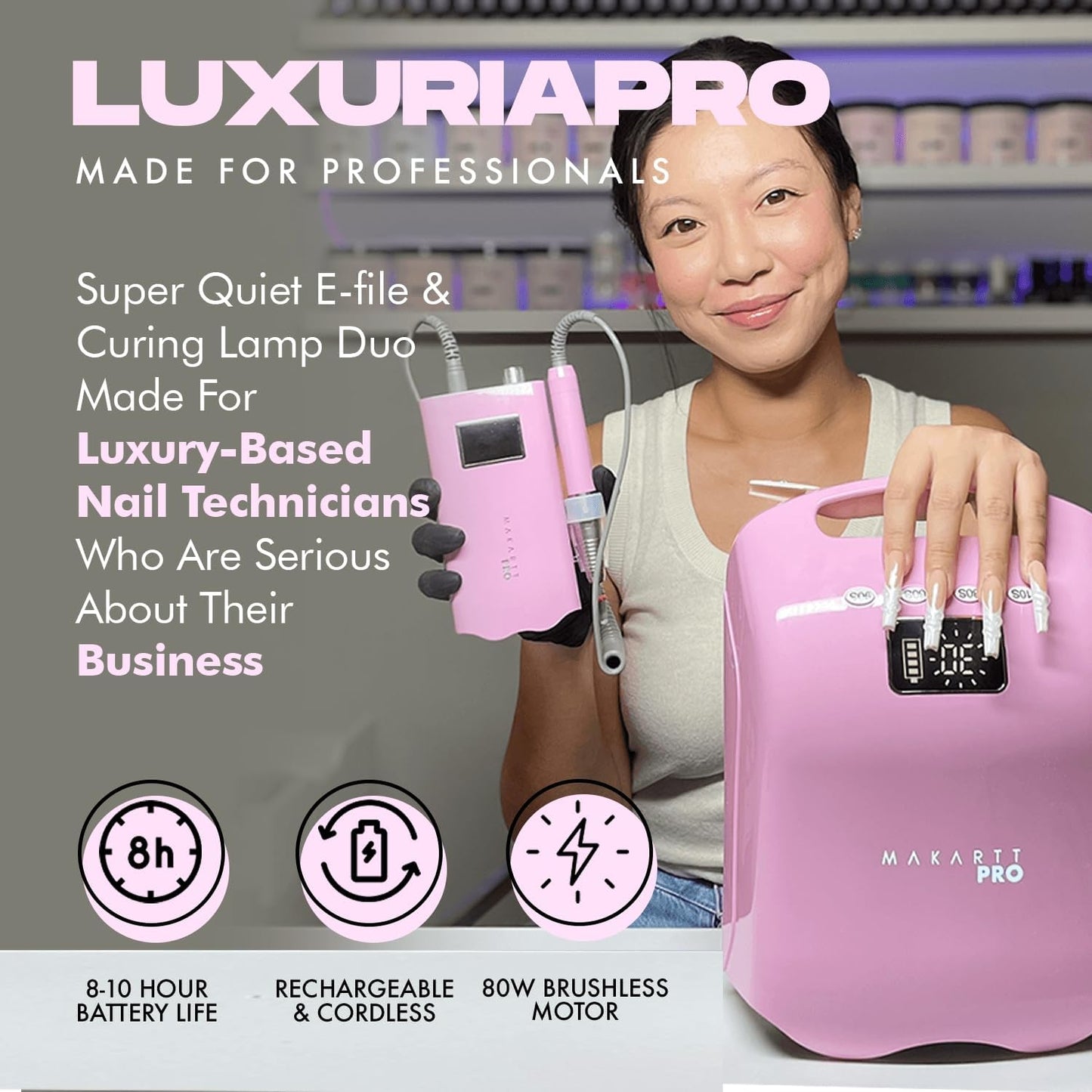 MakarttPro LuxuriaPro 98W Professional UV LED Nail Lamp | 42 Powerful LEDs for Fast and Efficient Curing Gel Nails | Rechargeable 5200mA Lithium Battery | Cordless Nail Dryer - Baby Pink
