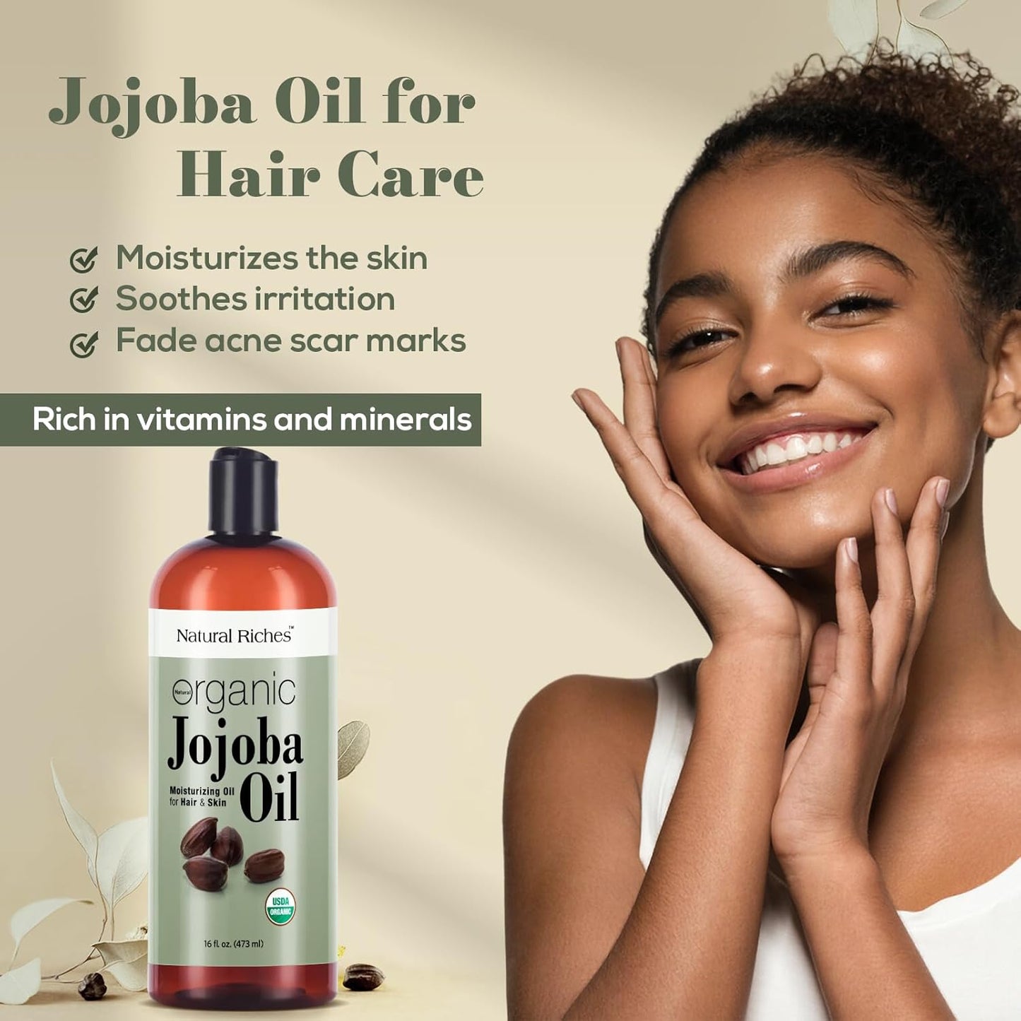Natural Riches Organic Jojoba Oil, Pure (16 oz) | Moisturizing Oil for Face, Hair, Skin & Nails Cold Pressed Hexane Free Base Carrier oil.