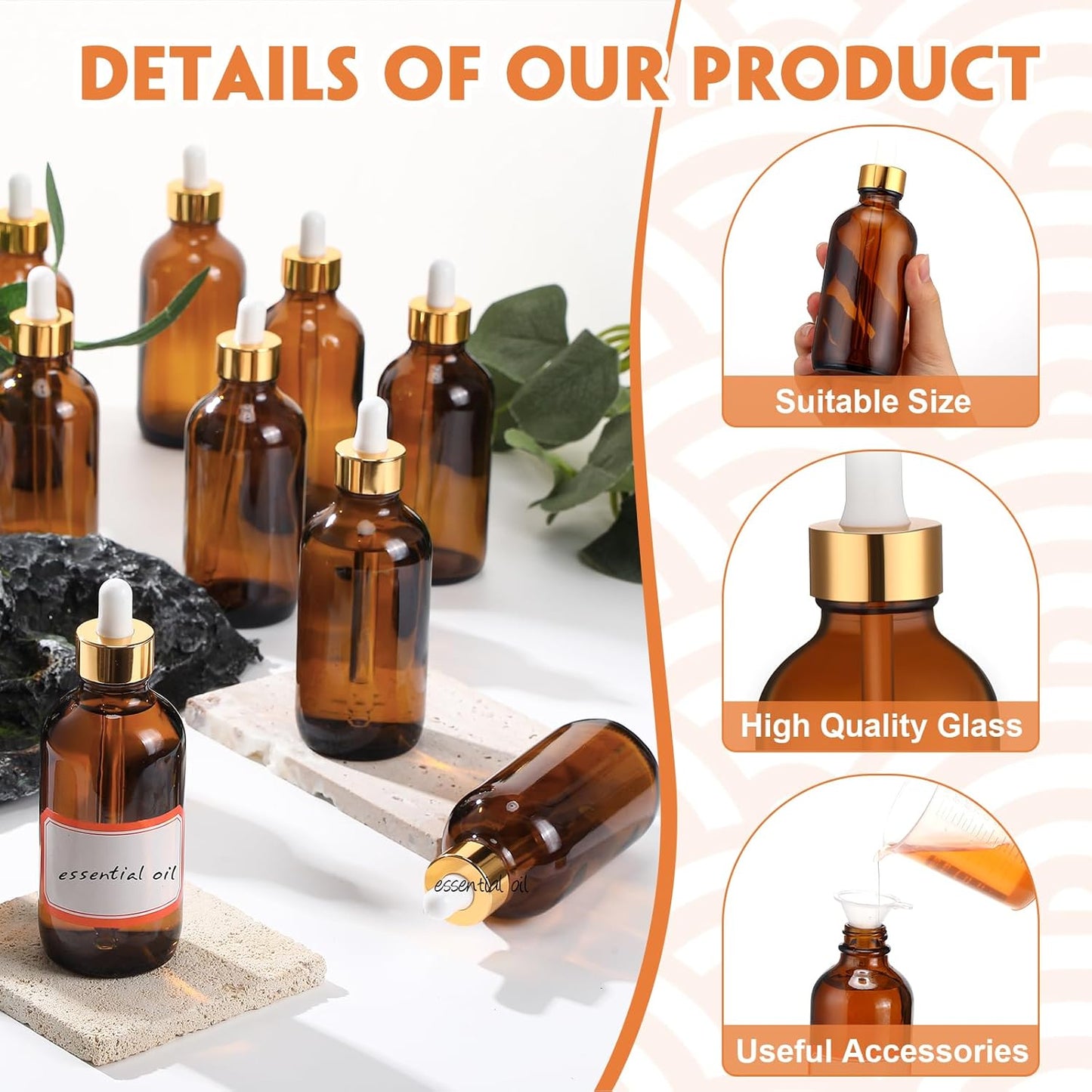 Dandat 50 Pack 4 oz Glass Dropper Bottles Leakproof 120 ml Glass Tincture Bottles with Eye Droppers, 4 Funnels, 54 Labels for Essential Oil Perfumes Hair Oil(Dark Brown)