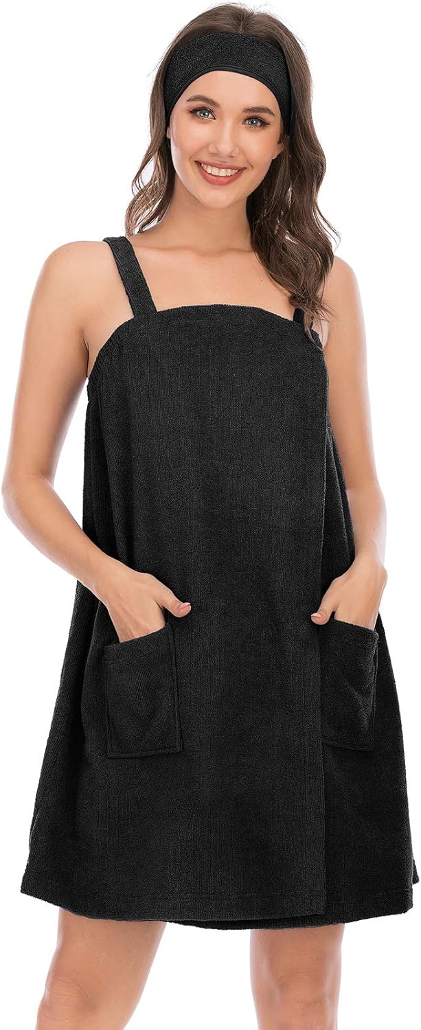 Veseacky Women Bath Wrap Towel for Womens Shower with Pocket Adjustable Spa Robe & Facial Headband