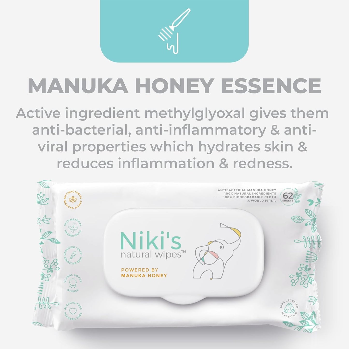 Niki's Natural Baby Wipes | Sensitive Organic Baby Wipes | Made with Manuka Honey and Coconut Oil, No Added Scents | EWG Verified | 248 Wipes (4 Pack x 62 Count Wipes)