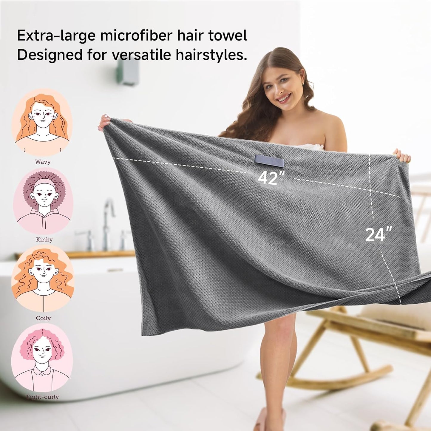 Large Microfiber Hair Towel for Women,Super Soft Anti Frizz & Quick Dry for Curly Hair,Ultra Absorbent Hair Wrap Towels for Long,Thick,Wet Hair 24x42 Inches (Grey)