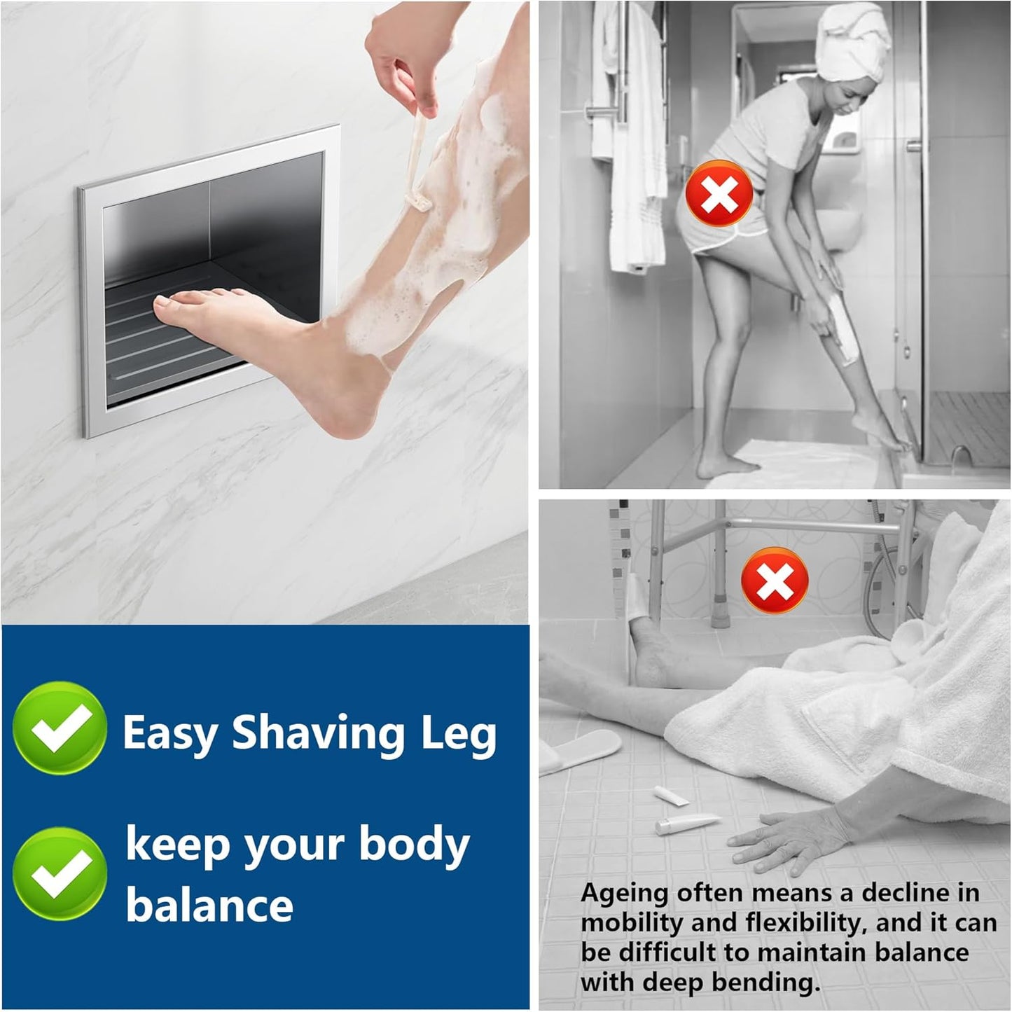 Shower Foot Rest for Shaving Legs, 304 Stainless Steel Footrest Niche with Shaving Holder, Recessed Shower Niche for Shaving Legs, Brushed Nickel