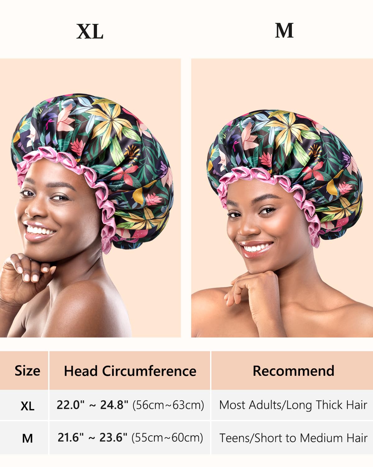 mikimini Shower Cap for Women and Grils,Pack of 2,Rainforest Bath Shower Caps with Pink Lace,Reusable Waterproof Shower Hat for Girls (Medium,Floral)