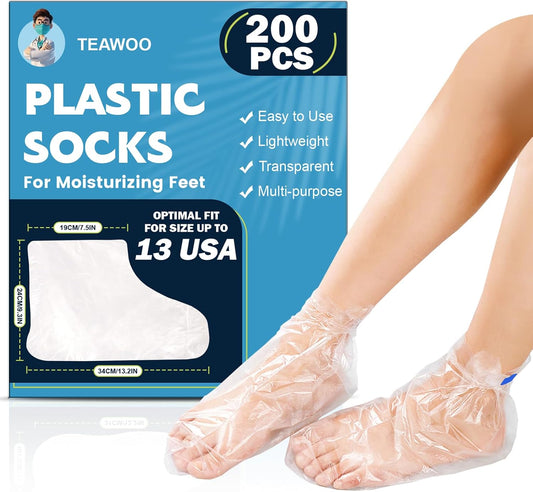 200PCS Plastic Foot Covers for Feet, Leak-Proof Plastic Foot Masks for Moisturizing Feet, Pedicure & Foot Care, 200 Stickers for Snug Closure Included (Fits up to USA 13)