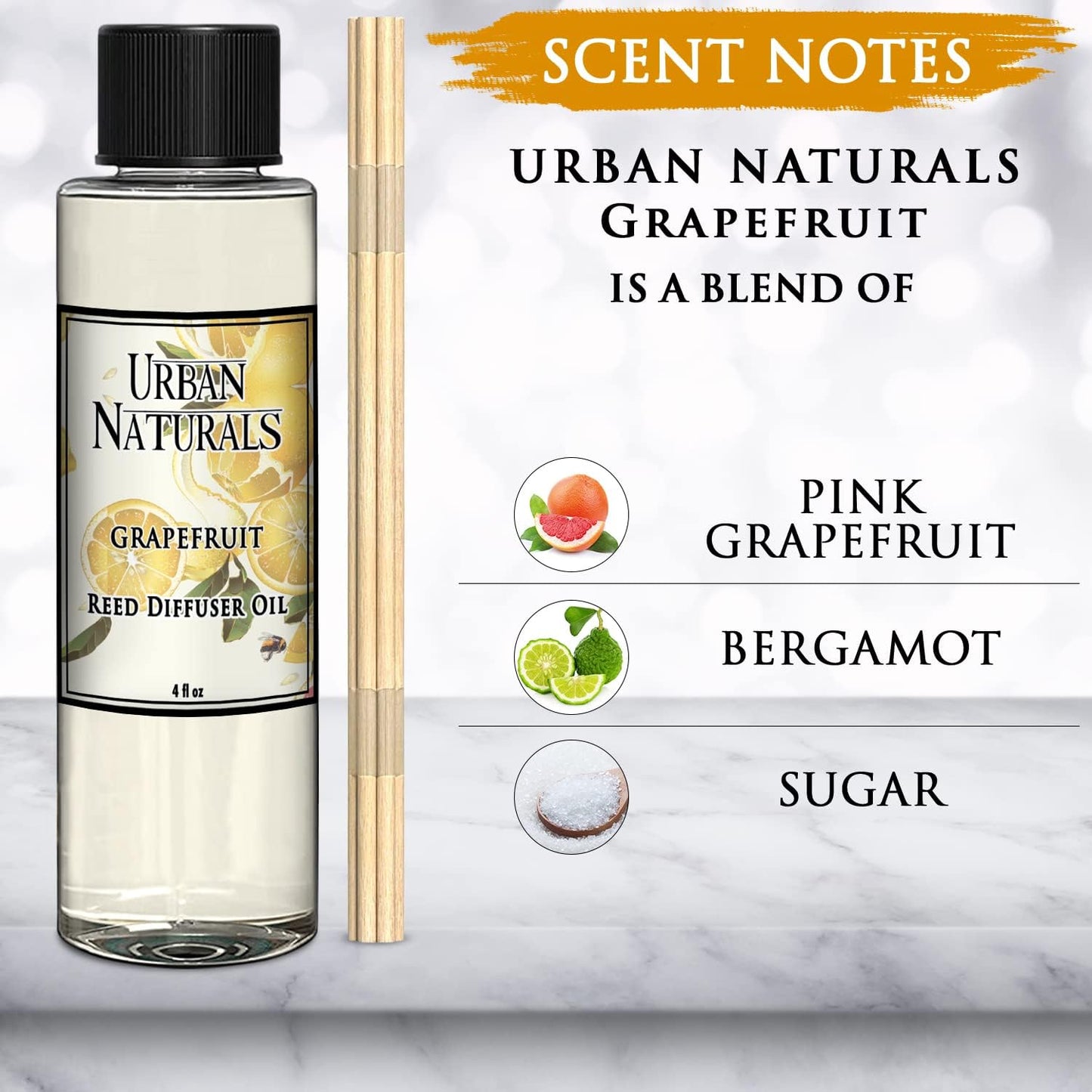 Urban Naturals Grapefruit Scented Oil Reed Diffuser Refill | Includes a Free Set of Reed Sticks! 4 oz.