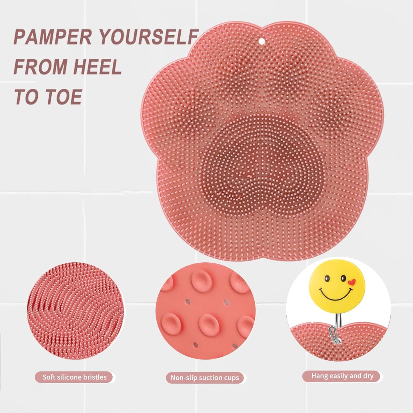 Foot Scrubber in Shower,Shower Foot Scrubber Mat,Silicone Body Scrubber with Suction Cups,Bath Feet Scrub Mat with Storage Hook(Pink)