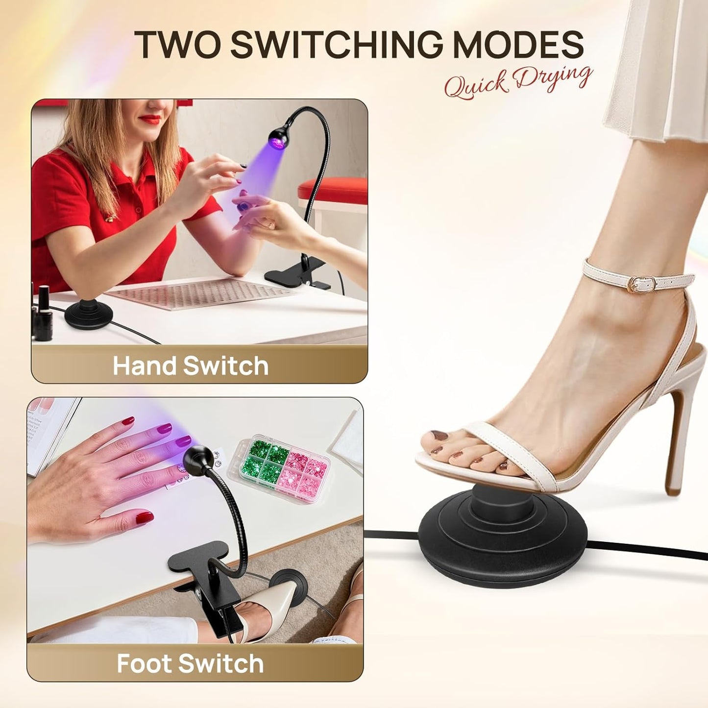 AORAEM UV LED Nail Lamp, Quick Drying UV Light for Gel Nails Foot Control LED Nail Cure Lamp, Flash Cure Light with Black Gooseneck and Clamp for Gel Nails