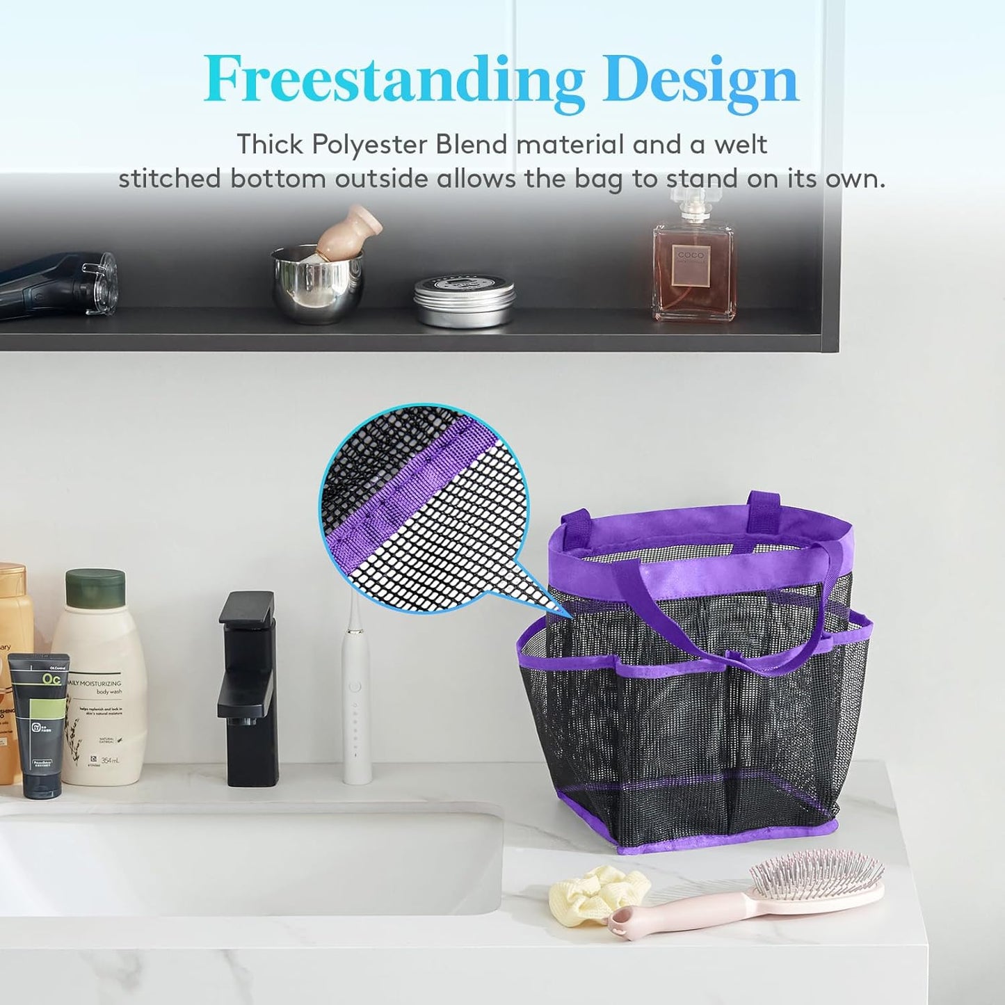 Lifewit Mesh Shower Caddy Freestanding Portable Shower Tote Bag for College Dorm, Bathroom, Gym, Travel, Quick Dry Hanging Organizer with 7 Storage Pockets for Toiletry Essentials,Purple