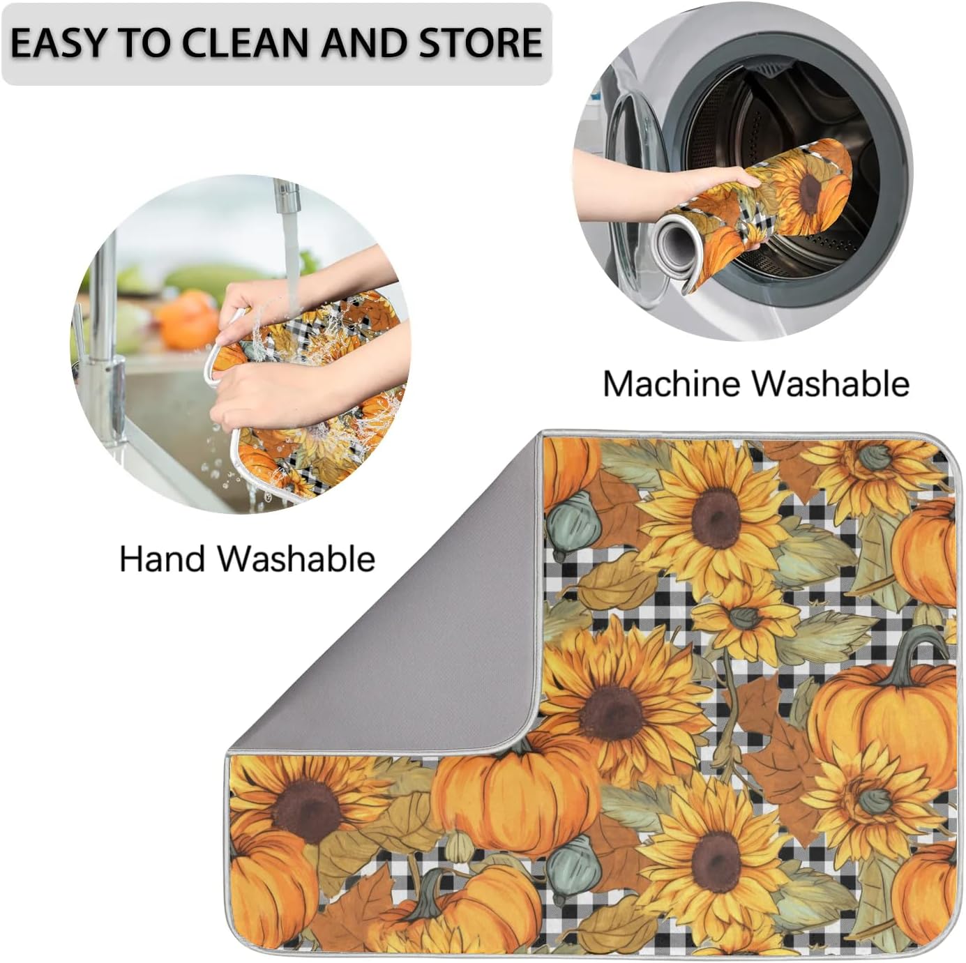 Hexteria Dish Drying Mat for Kitchen Counter Absorbent Microfiber Kitchen Drying Mat Summer Pumpkin and Sunflower Dish Drainer Rack Mat Heat Resistant 16 x 18