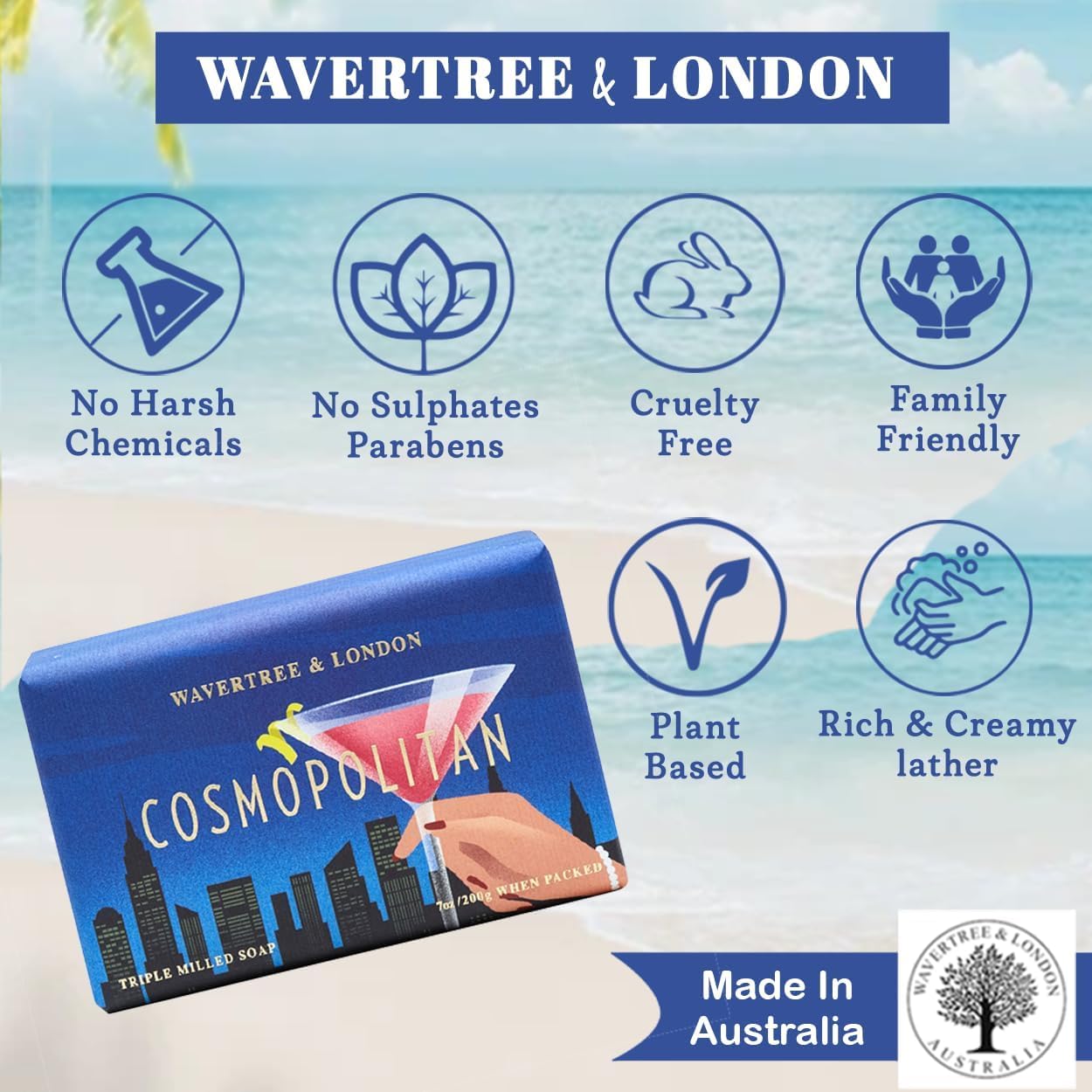 Wavertree & London Cosmopolitan Scented Natural Soap Bar, 7oz Moisturizing French Triple Milled Soap Bar for Women & Men