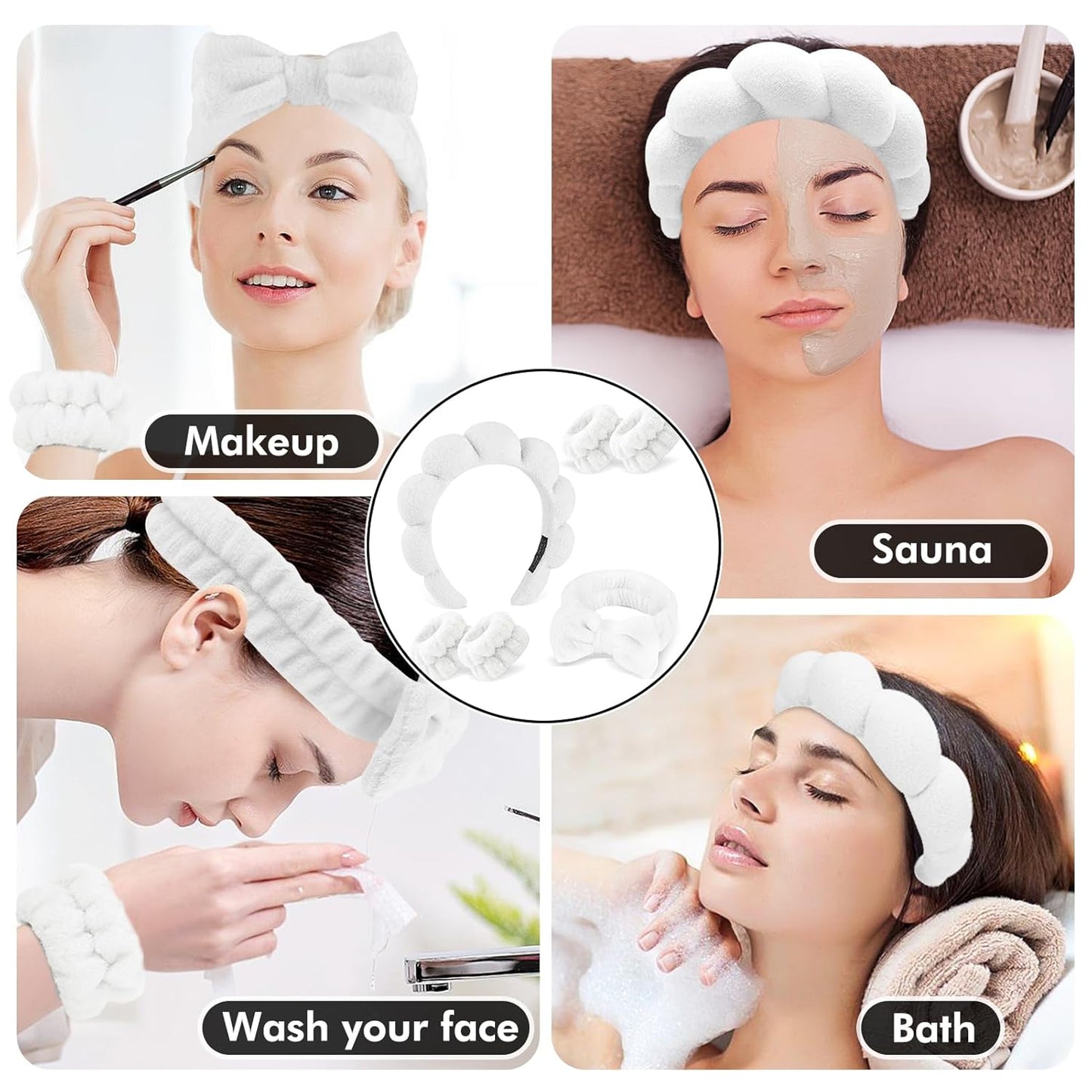 Zkptops 6Pcs Spa Headband for Washing Face Wristbands Set Women Bubble Skincare Makeup Sponge Terry Cloth Padded Puffy Headband Bow Tie Hairband Cute Non Slip Thick Hair Accessory Gifts (White)