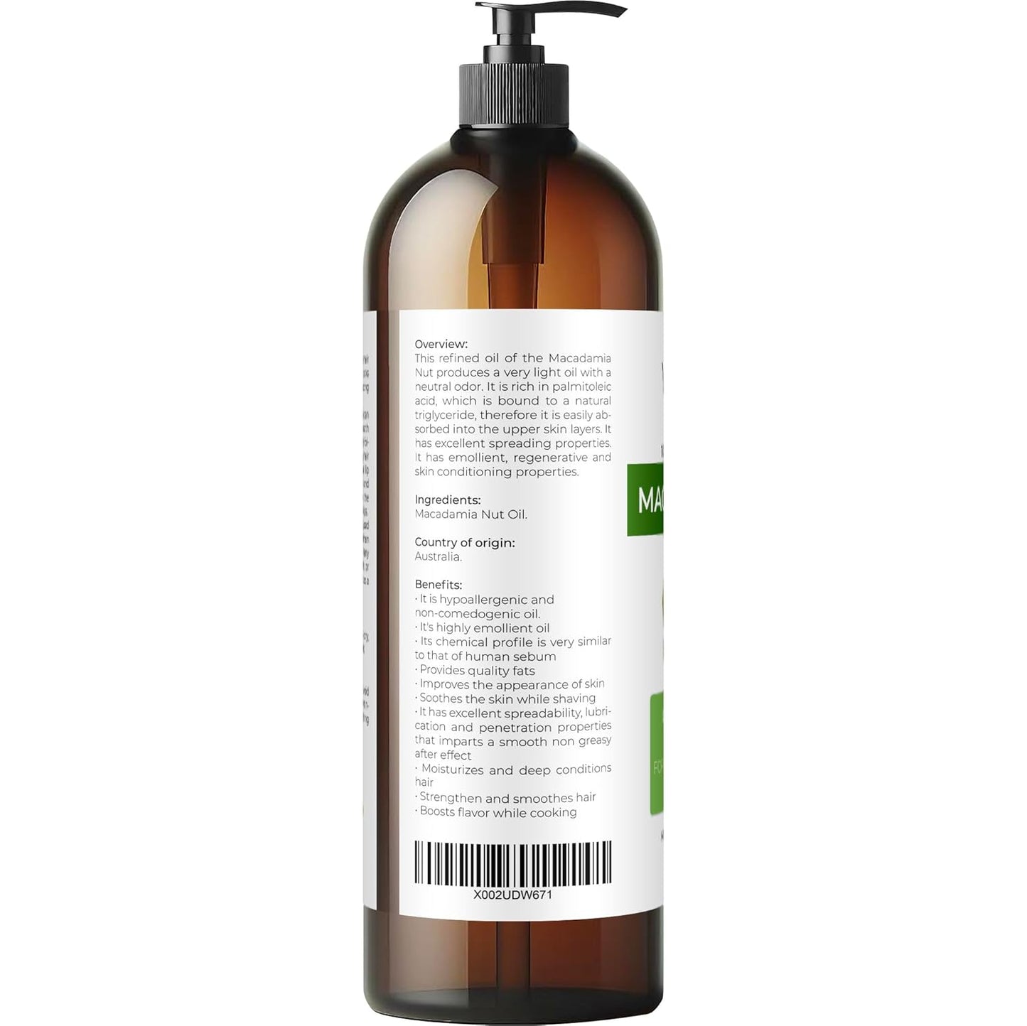 velona Macadamia Nut Oil 32 Fl Oz | 100% Pure and Natural Carrier Oil | Refined, Cold pressed | Cooking, Skin, Hair, Body & Face Moisturizing | Use Today - Enjoy Results