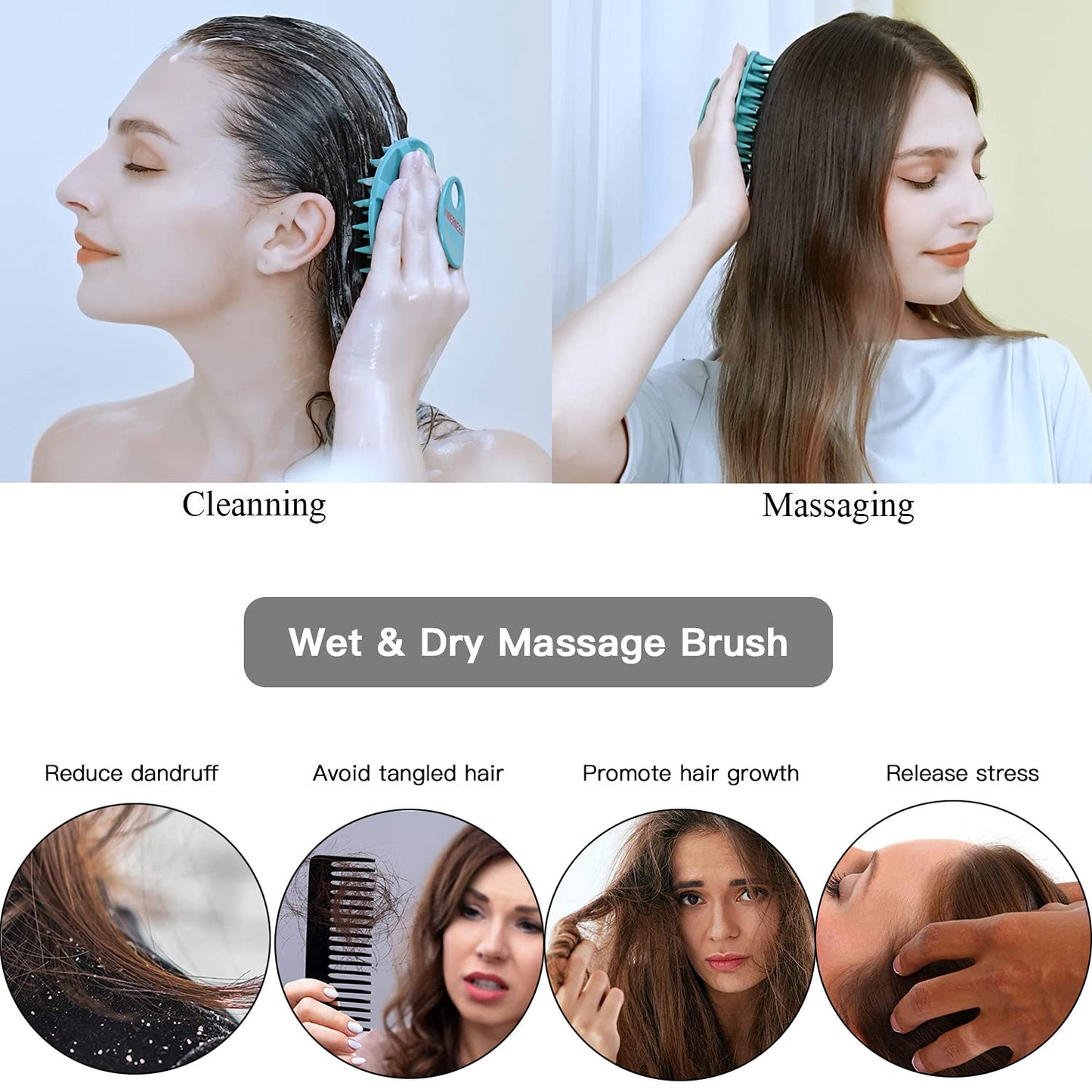 Scalp Massager Shampoo Brush, Wet & Dry Manual Scalp Care Head Scrubber Hair Washing, Soft Silicone Bristles, for Hair Growth, Dandruff Removal, Comfortable for All Hair Types (Dark Green+Gray)