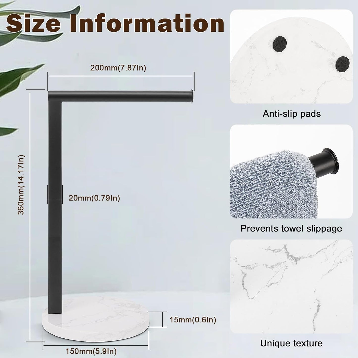 Hand Towel Holder Stand for Bathroom, L- Shaped Standing Hand Towel Rack, Towel Bar Kitchen Vanity Countertop Organizer, Metal Material (Marble Base,14' H Matte Black)