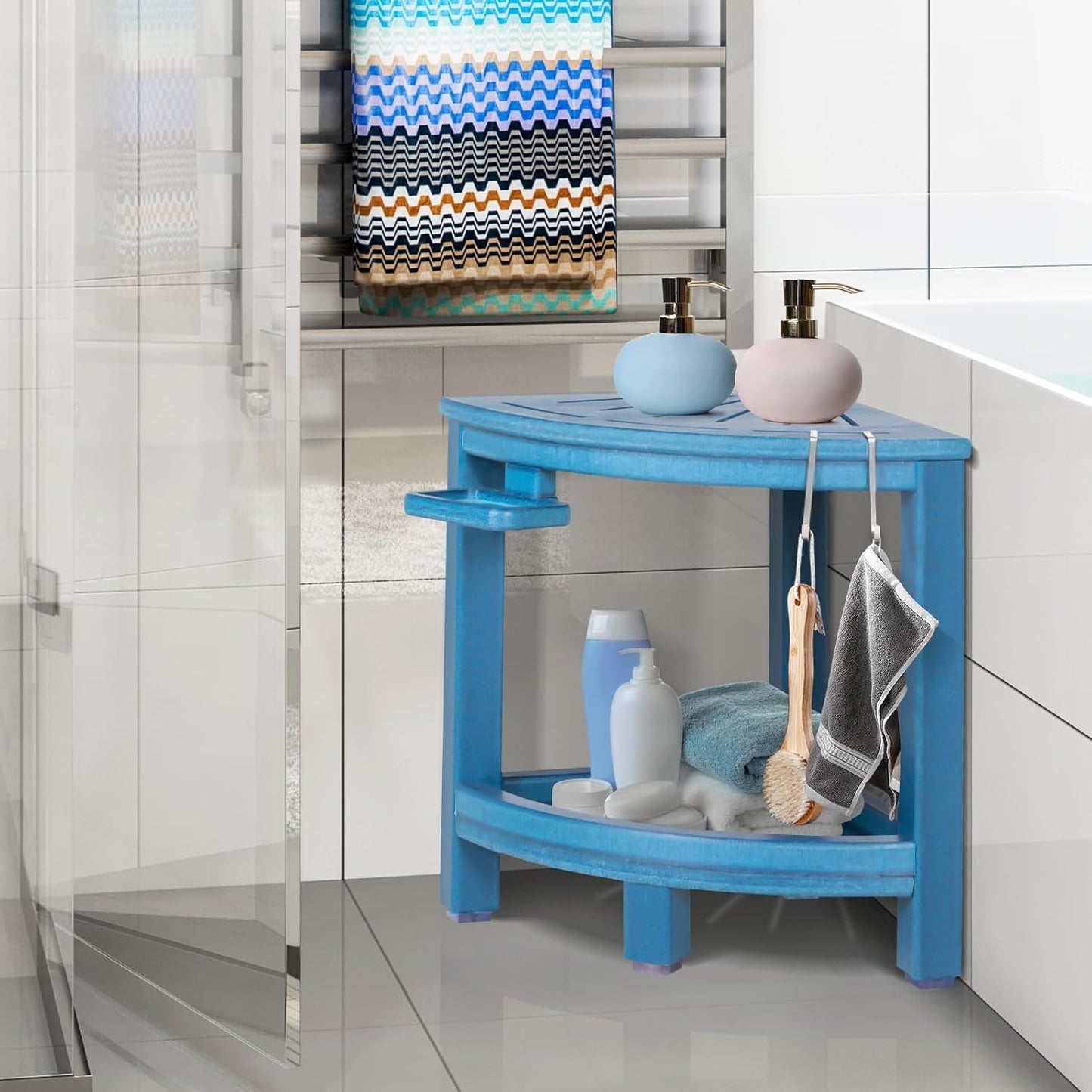 2-Tier Corner Shower Stool with Hooks & Soap Dish, HDPE Shower Bench for Shaving Legs, Wood-Like Shower Stool for Inside Shower with Non-Slip Foot Pads, Waterproof Shower Foot Rest (Blue)