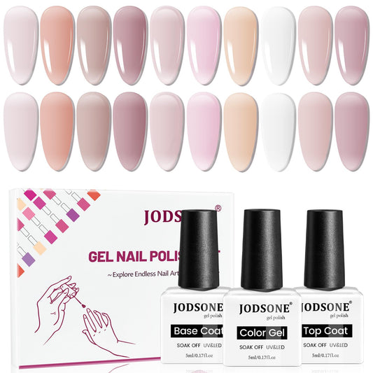 JODSONE 12 PCS Gel Nail Polish Set with Base Coat Top Coat 10 Colors White Pink Nude Jelly Gel Polish Perfect for DIY Nail Art at Home