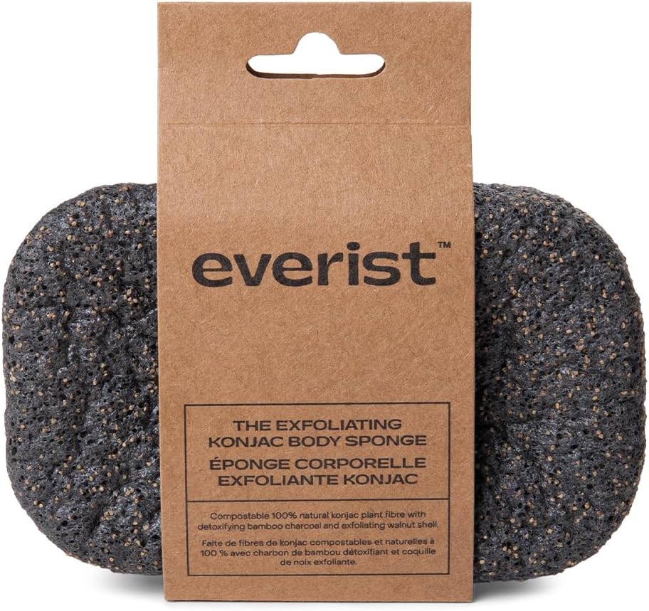 Everist The Exfoliating Konjac Body Sponge, Natural, Reusable, Compostable Bath Sponge for Sensitive Skin, Charcoal Cleansing, 60+ Uses, 1 Each