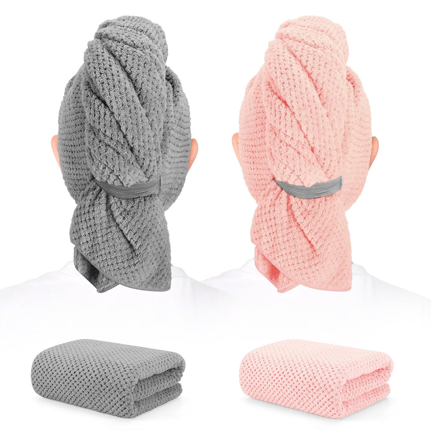 BEoffer 2 Pack Microfiber Hair Towel - 41 x 24 inches Super Soft, Absorbent, Fast Drying Without Frizz Hair Towel Wrap for Women Long, Thick, Curly Hair - Hair Turbans with Elastic Strap