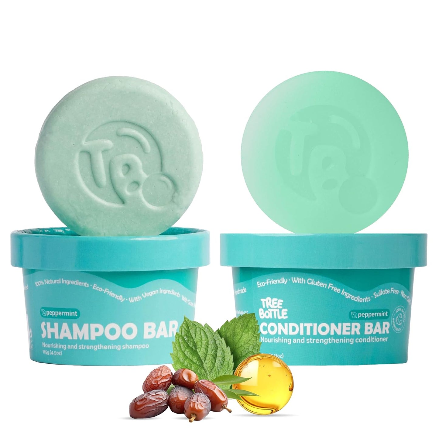 Castor Oil Shampoo & Conditioner Bar Set Bundle – With Peppermint Essential Oils & Biotin – Nourishing, Volumizing & Strengthening – Plastic-Free, Frizz Control – 7.8oz