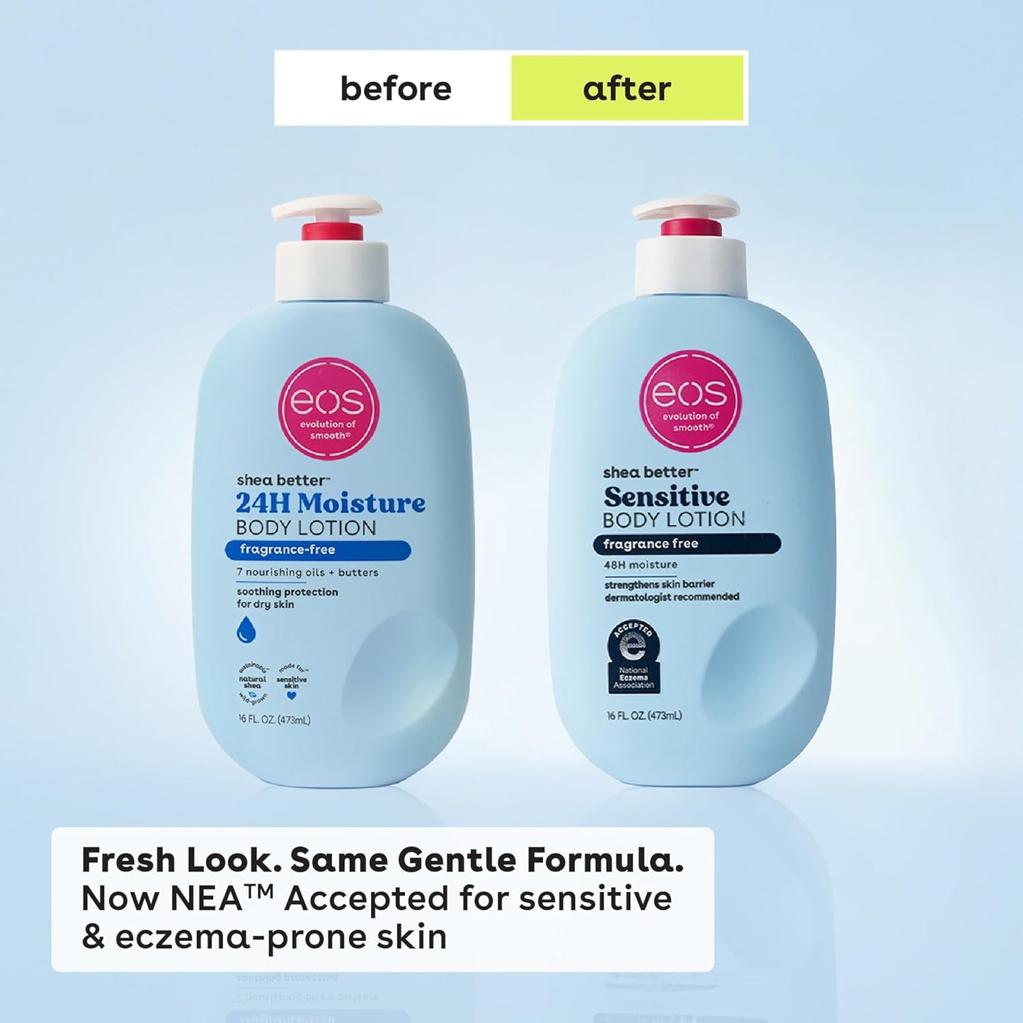 eos Shea Better Body Lotion Fragrance Free, 24-Hour Hydration Skin Care, Lightweight & Non-Greasy, Natural Shea, Vegan, Unscented Body Lotion, 16 fl oz